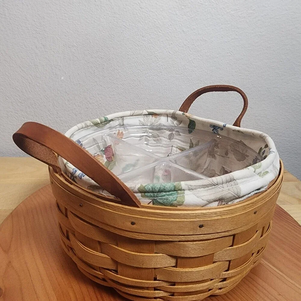 Longaberger 2000 Medium Round Storage Basket Floral Liner Divider Handles USA